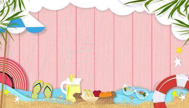Summer background with beach vacation holiday theme with copy space on pink wooden panel, Vector horizon banner flat lay tropical Summer design with coconut palm leaves border on wood plank textured