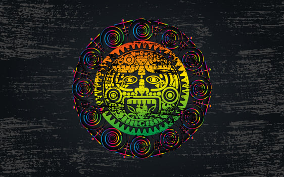 Ancient Sacred Mayan sun god, Aztec wheel calendar, Maya symbols ethnic mask. Psychedelic round frame border old logo icon. Grunge Mandala vector illustration isolated on black background