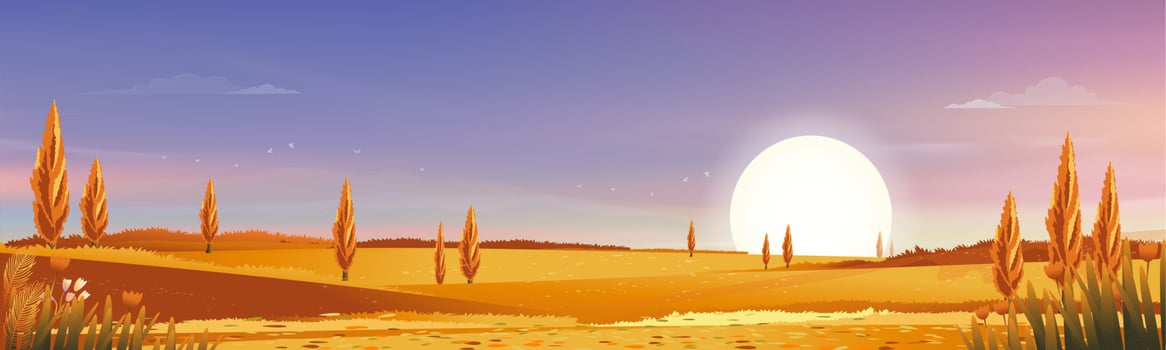 Autumn rural landscape in evening light with sunset, blue and orange sky background,Vector Cartoon fall season at countryside with forest tree and grass field with sunrise,Backdrop natural vector