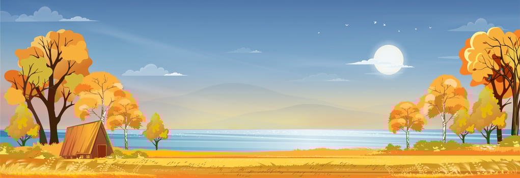 Autumn landscape at village by the lake with grass field,mountain, pink sky and clouds,Vector nature cartoon scenery backdrop of Fall season,Panoramic rural countryside by river with sunset in evening vector