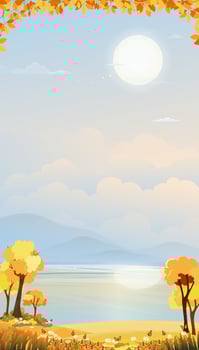Autumn landscape at village by the river with grass land and mountain with blue sky and clouds, Vector Cartoon Autumnal countryside by the lake with sunrise,Fall season background for mobile screen