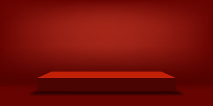 Studio room podium with red wall background, Vector illustration 3D Empty Gallery with stand display or shelf,Banner design for products presentation for Valentine,Christmas ,Chinese New Year backdrop
