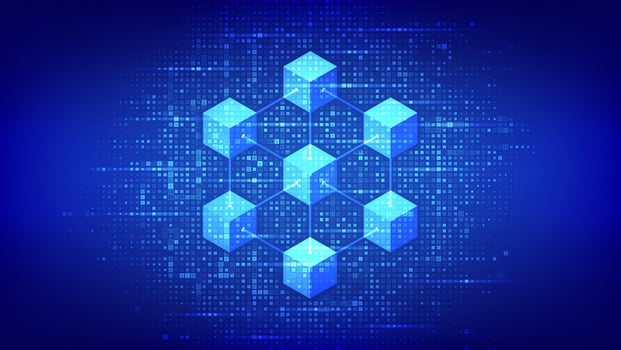 Blockchain technology background made with binary code. Information blocks in cyberspace. Decentralized network. Fintech cryptocurrency. Matrix background with digits 1.0. Vector illustration.