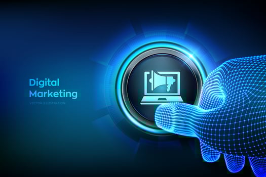 DIgital marketing technology concept. Internet. Online. Search Engine Optimisation. SEO. SMM. Advertising. Closeup finger about to press a button. Vector illustration.