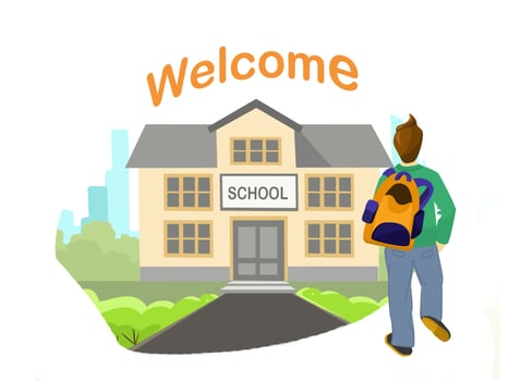 Welcome back to school concept. School building on the background and student goes to school vector