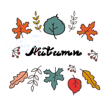 Autumn lettering with color autumn leaves in doodle style vector