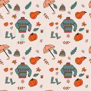 Autumn mood seamless pattern with cozy things, sweaters, hats, umbrella, pumpkins, boots vector