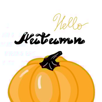 Hello, Autumn greeting banner with hand written inscription and pumpkin vector