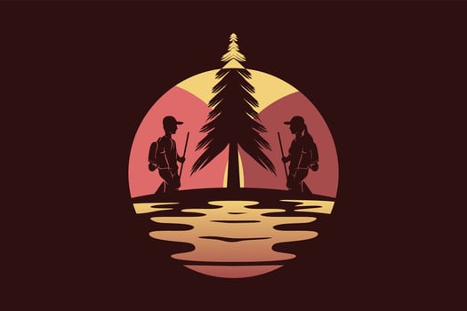 Hiking, adventure or camping logo night landscape design. Silhouettes of people and fir trees blend with night landscape vector illustration.