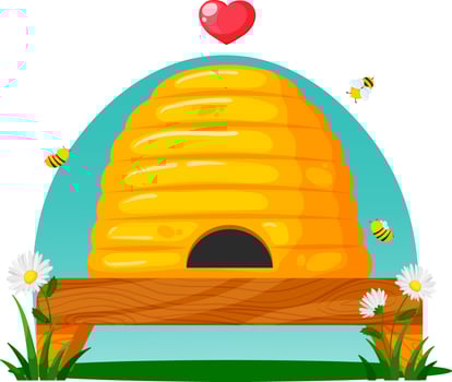 Round cartoon beehive with daisies on a blue background. Beautiful hive with bees and heart. For bee lovers, honey with love vector