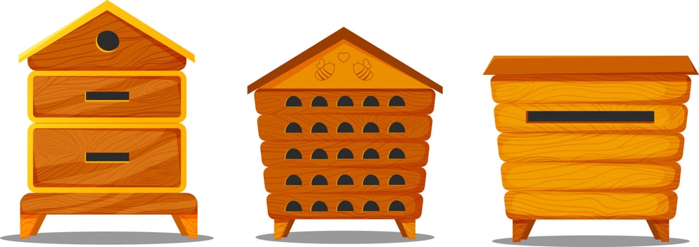 Wooden beehive for bees in cartoon style. Colorful beehives for bees and pictures with apiary vector