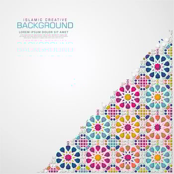 Islamic design greeting card background template with ornamental colorful detail of floral mosaic islamic art ornament.Vector illustration. vector