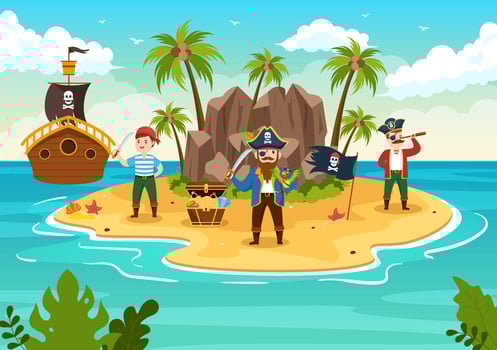 Cute Pirate Cartoon Character Illustration with Wooden Wheel, Chest, Vintage Caribbean, Pirates and Jolly Roger on Ship on Sea or Island vector