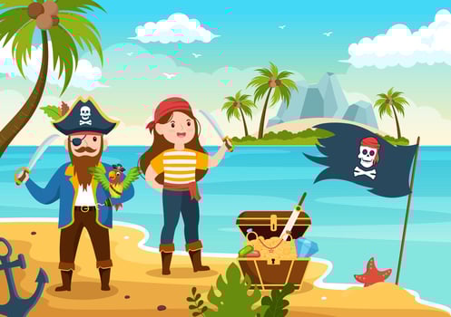 Cute Pirate Cartoon Character Illustration with Wooden Wheel, Chest, Vintage Caribbean, Pirates and Jolly Roger on Ship on Sea or Island vector