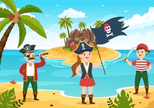 Cute Pirate Cartoon Character Illustration with Wooden Wheel, Chest, Vintage Caribbean, Pirates and Jolly Roger on Ship on Sea or Island vector