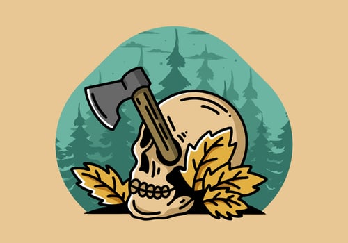 an ax stuck in the skull illustration design vector