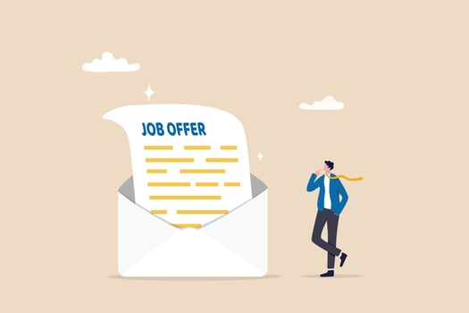 Job offer or job opportunity to be promoted or new position for higher salary, employment and recruitment, human resources concept, businessman candidate thinking to accept job offer email envelope. vector