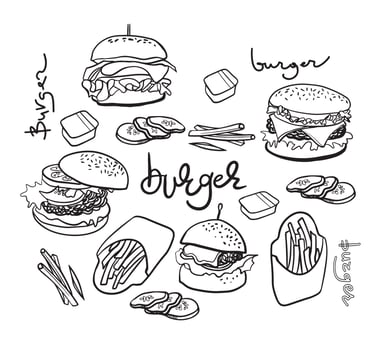 Burgers hand drawn doodle icons. Kinds of fast food. vector
