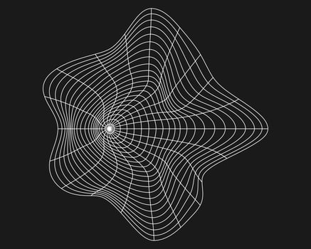 Cyber distorted grid, retro punk design element. Wireframe wave geometry grid on black background. Vector illustration