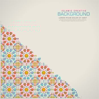 Islamic design greeting card background template with ornamental colorful detail of floral mosaic islamic art ornament.Vector illustration. vector