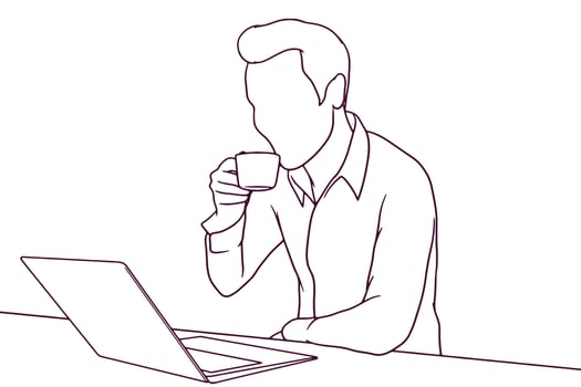 young  businessman drink coffe while working hand drawn style vector illustration