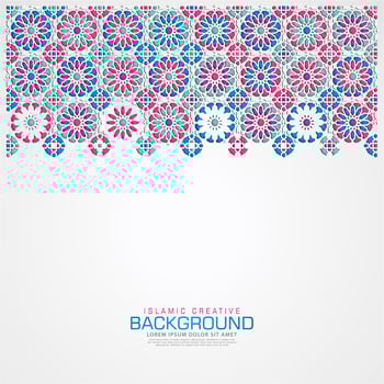 Islamic design greeting card background template with ornamental colorful detail of floral mosaic islamic art ornament.Vector illustration. vector