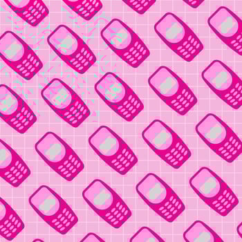 Y2k old mobile groovy pattern. Old pink mobile phone on checkered background. 2000s retro seamless pattern for poster, banner, flyer, cover of planner, textile, greeting card. Flat elements. vector