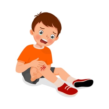 sad little boy has a knee injury crying holding his scratch bleeding leg with bruises after fell down vector