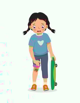 cute little girl has a knee injury crying holding her scratch bleeding leg with bruises after an accident fell down from skateboard vector