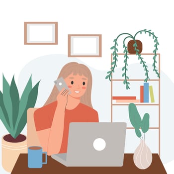 A happy woman is working online, sitting at her laptop talking on the phone. Workplace of a female freelancer working remotely from a home office.Home office concept, a woman working from home vector