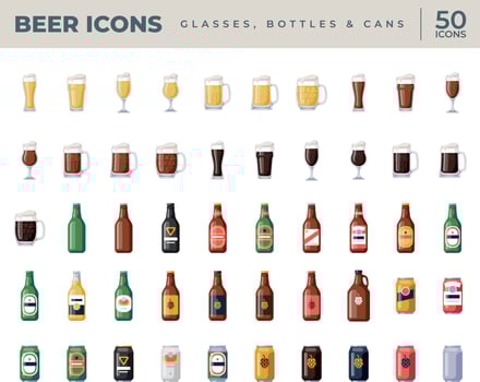 50 Beer icons. Glasses, bottles and cans vector