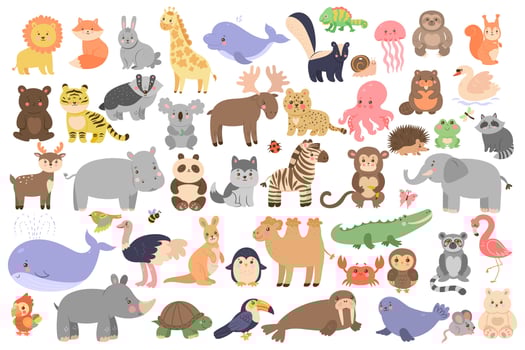 Big set of cute animals in cartoon style isolated on white background. Vector graphics