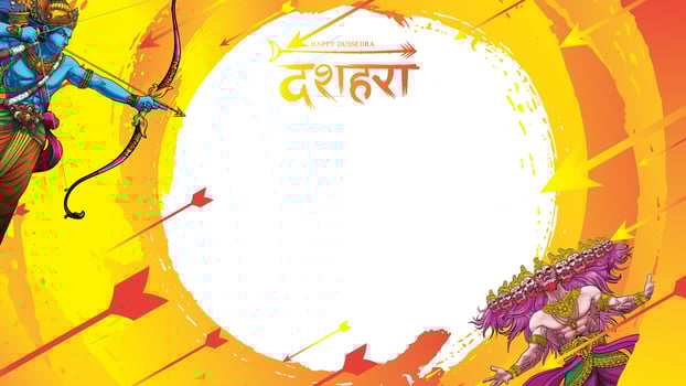 Lord Rama killing Ravana in Happy Dussehra Navratri poster festival of India. translation dussehra vector