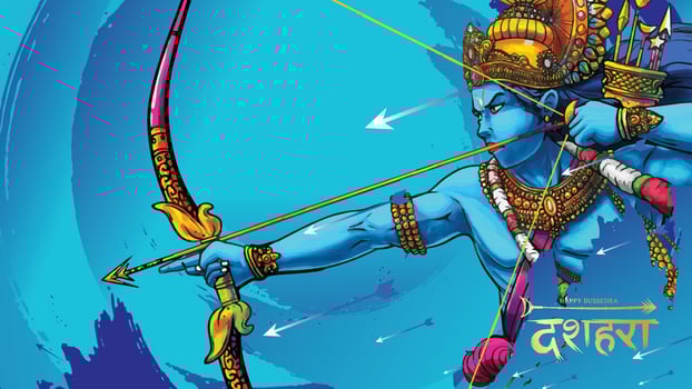 Lord Rama killing Ravana in Happy Dussehra Navratri poster festival of India. translation dussehra vector