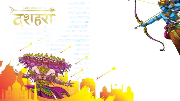 Lord Rama killing Ravana in Happy Dussehra Navratri poster festival of India. translation dussehra vector