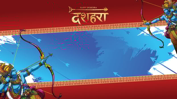 Lord Rama killing Ravana in Happy Dussehra Navratri poster festival of India. translation dussehra vector