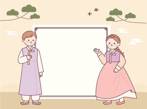 A cute couple of men and women in Korean traditional clothes are talking with a blank board in the center. vector
