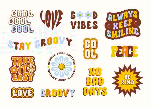 Colorful retro set of inspirational quotes and doodles in style 60s, 70s. Modern vector design for posters, t - shirt, cards and stickers.