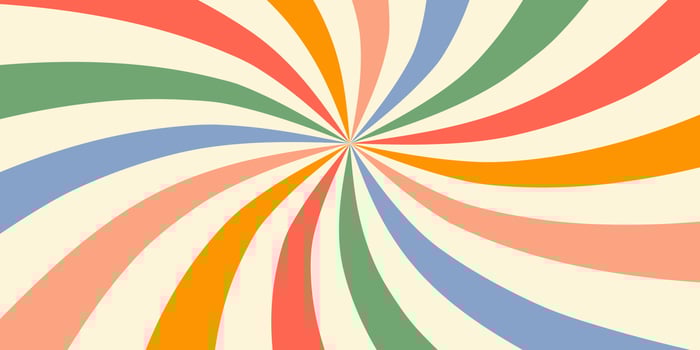Retro horizontal background with sunburst in a spiral or swirled radial striped design. Blue, yellow, pink and green colors. Trendy vector illustration in style 70s, 80s