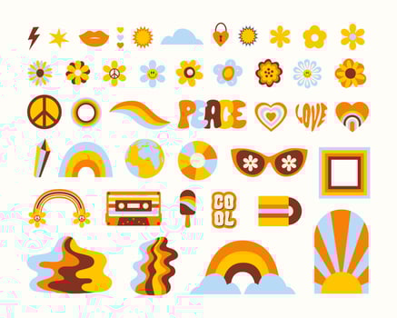 Hippie retro set icons in style 60s 70s. Trendy vector illustration.