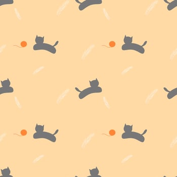 Seamless pattern of gray cat with white feather and orange knitting wool on yellow background. vector