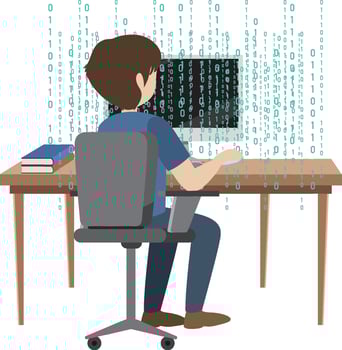 Back of a man using laptop with binary code vector