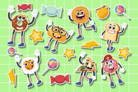 Set of food sticker on grid background vector