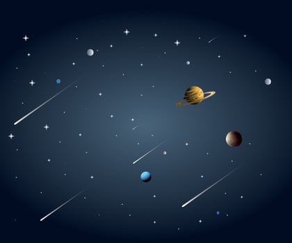 Cartoon space banner with purple planet surface with craters on night galaxy sky vector