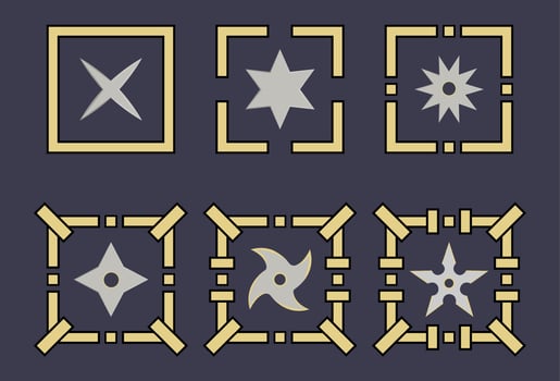 Set of shuriken icons. Ninja weapon. Samurai equipment. Cartoon style. Clean and modern vector illustration for design, web.