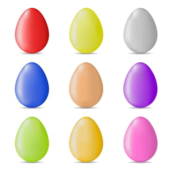 Set of Colorful Realistic Easter Eggs isolated on white background. Glossy Shiny Eggs. Vector Illustration for Your Design.