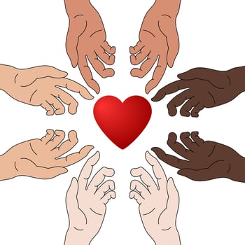Concept of Charity and Donation. Hands Give Love. Race Equality. Everyone Deserves Love. Give and Share Your Love to People. Vector Illustration.