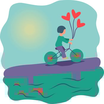 vector illustration, guy rides a bicycle across the bridge, holding heart-shaped balloons in his hand, the sun is shining, fish are visible in the water, flat simple style