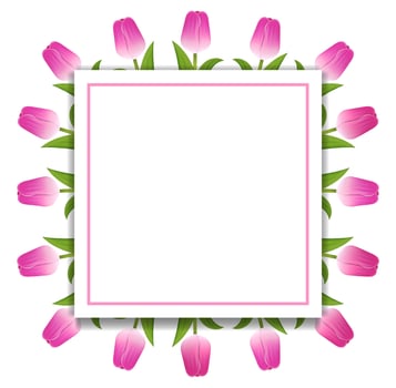 Banner Template Background with Pink Tulips. Square Frame of Tulips with Space for Text. Voucher, wallpaper,flyers, invitation, posters, brochure, coupon discount,greeting card. Vector illustration.