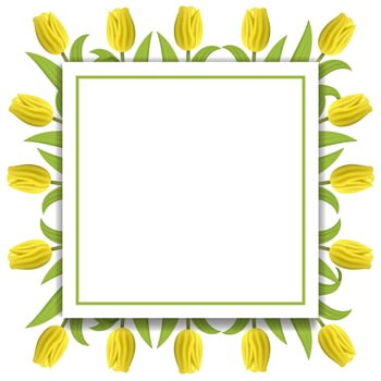 Banner Template Background with Yellow Tulips. Square Frame of Tulips with Space for Text. Banner, greeting card, invitation, voucher, flyers, posters, brochure, coupon discount. Vector illustration.